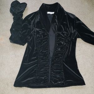 Anne Fontaine black velour shirred zipper front NWOT shirt jacket